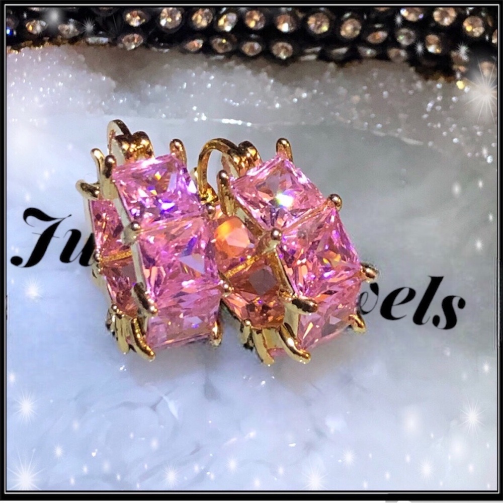 New 8g square cut princess gold & pink simulated diamond chunky huggie earrings